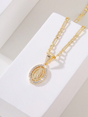 1入時尚簡約閃亮銅質聖母項鍊,適合作為禮物、情侶、朋友、摯友；適合日常、節日穿戴和