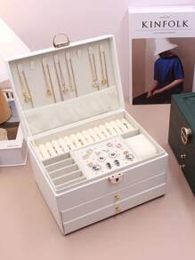 1pc Multifunctional Tri-Layer Rhombic Pattern Pu Jewelry Box With Large Capacity For Women's Jewelry Storage At Home