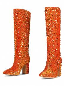 Metallic Shiny Women GO GO Boots Bling Sparkly Sequin Pull On Chunky High Heels Mid Calf Party Nightclub Disco Halloween Party Shoes - 金色 - 查看 3