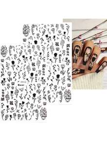 2 件 3D 黑色复古玫瑰指甲贴纸花朵图腾蛇图案多色按压指甲字母粘性指甲贴纸 DIY 经典时尚简约美甲用品女士女孩美甲装饰 - 黑色 - 查看 2