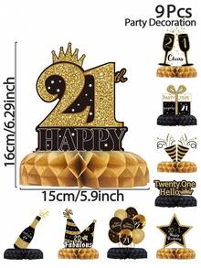9件套黑金原创设计21岁生日蜂窝装饰品，适用于21岁生日派对背景装饰、桌面装饰 - 21th - 查看 4