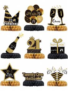 9件套黑金原创设计21岁生日蜂窝装饰品，适用于21岁生日派对背景装饰、桌面装饰 - 21th - 查看 2