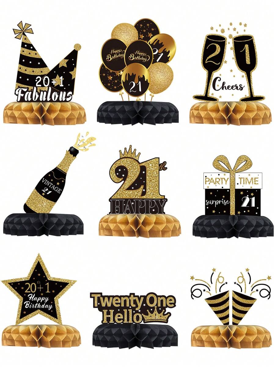 9件套黑金原创设计21岁生日蜂窝装饰品，适用于21岁生日派对背景装饰、桌面装饰