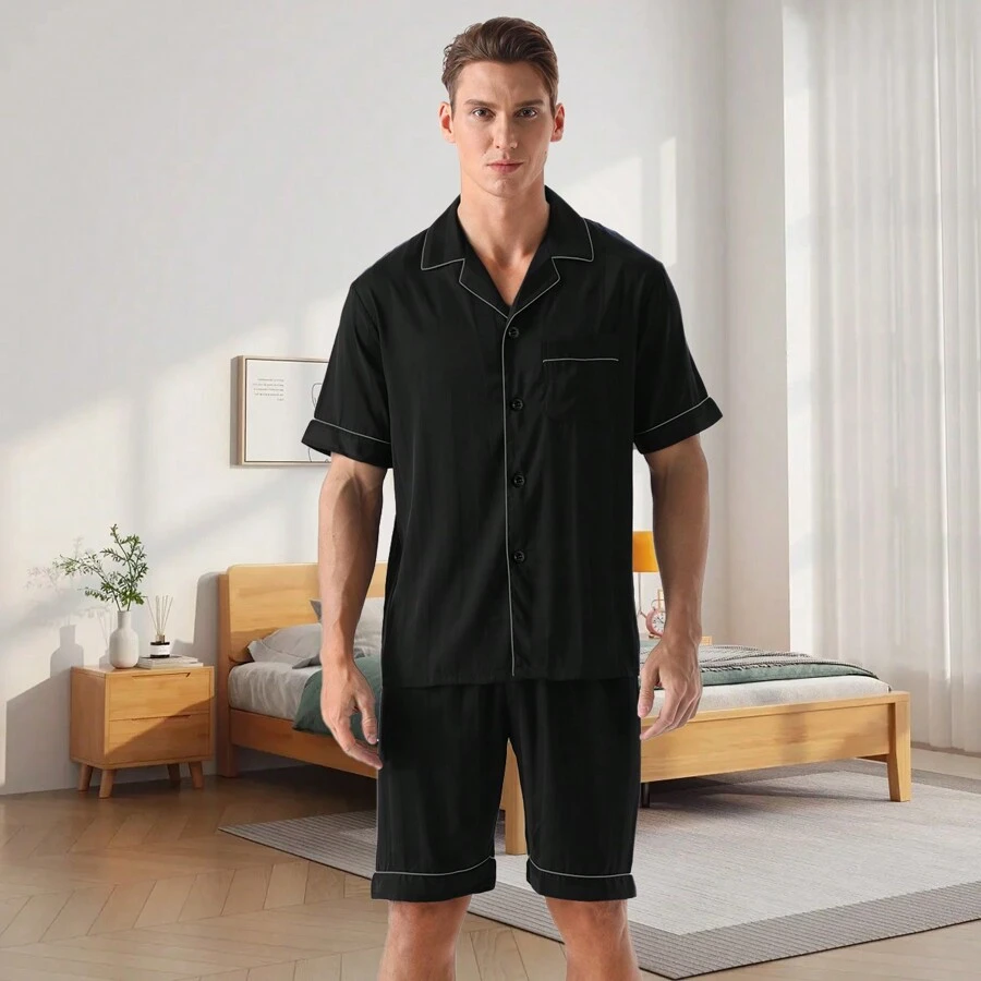 男士梭织缎面短袖睡衣套装（含短裤和纽扣衬衫），2件套，经典睡衣家居服，凉爽透气 - 黑色 - 查看 1