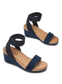 Women's Black Slip On Open Toe Elastic Ankle Strap Platform Comfortable Commuting  Wedge Sandals - Navy Blue - View 5