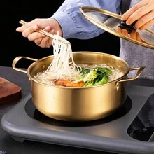 1 Piece Stainless Steel Ramen Pot With Lid Korean Ramen Cooking Pot (Double Handle) - Gold - View 2