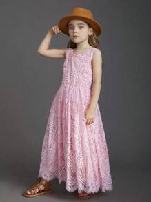 Vestido unicolor de encaje sin espalda para niña preadolescente para vacaciones en la playa, bodas de florista o fiestas - Rosa - Ver 5
