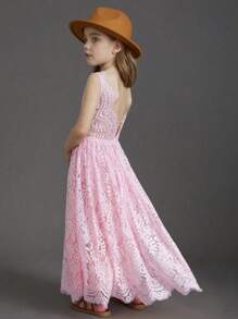 Vestido unicolor de encaje sin espalda para niña preadolescente para vacaciones en la playa, bodas de florista o fiestas - Rosa - Ver 4