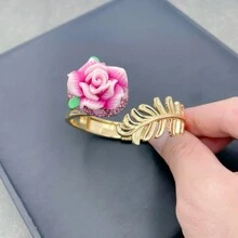 2pcs/Set Women's Decorative Handmade Soft Pottery Flower Bracelet And Ring Set With Green Crystal & Czech Diamond, Vintage Bronze Inlay, Fashionable &