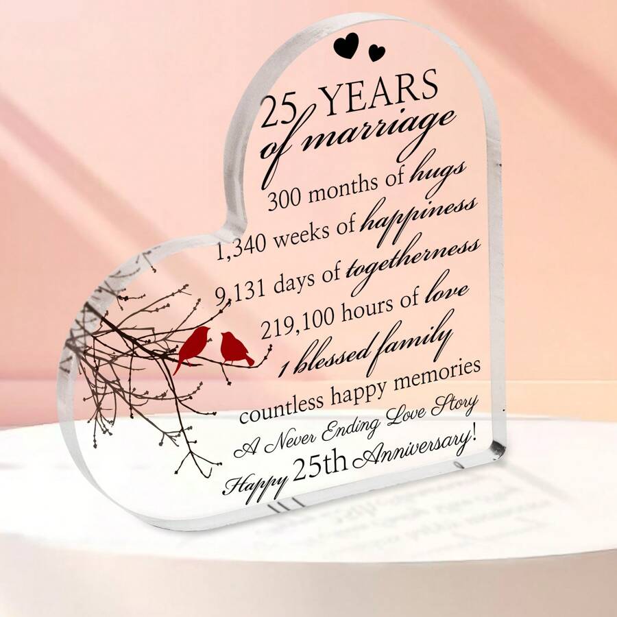 1 件结婚 25 周年礼物 - 透明心形亚克力牌匾 - 结婚 25 周年礼物 - 精致美丽的结婚周年纪念礼物，适合送给妻子、丈夫、男朋友、女朋友 - 情人节礼物，适合送给妈妈、爸爸，女儿、儿子 - 结婚纪念品礼物，适合送给妻子、丈夫 - 25 周年纪念礼物 - 25 周年纪念礼物装饰礼物，适合送给她的礼物 - 浪漫礼物，适合送给女朋友、男朋友 - 情人节礼物 - 彩色 - 查看 1