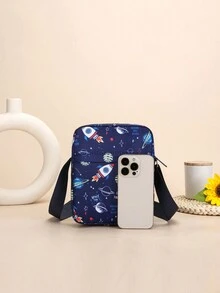 Bolso De Hombro Impreso Mini Cohete Espacial De Dibujos Animados Para Niños, Posición Aleatoria De Patrones - Azul - Ver 2