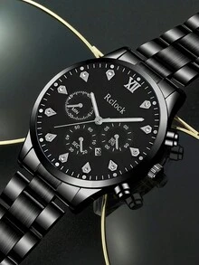 1入時尚男士日曆石英手錶+1入手鏈+1入吊墜項鍊男士商務不鏽鋼手錶