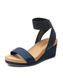 Women's Black Slip On Open Toe Elastic Ankle Strap Platform Comfortable Commuting  Wedge Sandals - Navy Blue - View 8