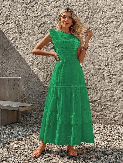 Vestido lese importado longo manga princesa forrado com elástico na cintura e detalhes em gripir