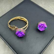 2pcs/Set Women's Decorative Handmade Soft Pottery Flower Bracelet And Ring Set With Green Crystal & Czech Diamond, Vintage Bronze Inlay, Fashionable &