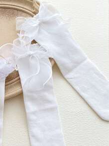 1 Par De Calcetines Transparentes De Malla Para Niñas Con Gran Lazo, Calcetines De Baile Elegantes Para Niños De Edad Media Y Grande - Blanco - Ver 3