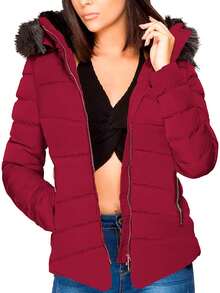Shendy Vendy Chamarra Para Mujer Poliéster Cálido Con Cuello Tipo Piel - Rojo - Ver 2