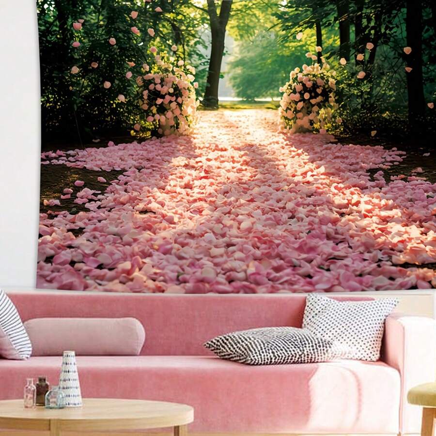 1入浪漫粉色玫瑰花路印花掛毯背景,適用於婚禮、情人節、紀念日派對裝飾 (不含掛夾) ,可用於臥室或攝影背景裝飾 - 彩色 - 查看 1
