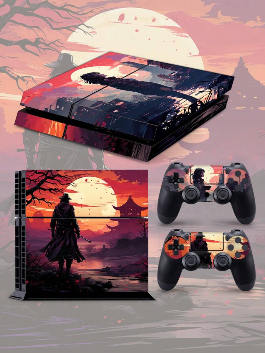 1set Self-Adhesive Sticker For Game Console With Silhouette Of A Man And A Girl Under Sunset, Can Be Used For Scratch Protection And Decoration - Multicolor - View 1