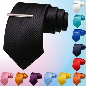 2pcs/Set Men's Classic Satin Silk 3.15inch (8cm) Fashionable Diagonal Striped Necktie And Tie Clip Combination, Suitable For Gift, Evening, Wedding, Prayer, Formal Business Occasions