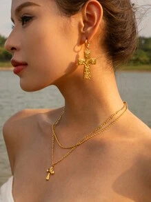 Uworld 1 件 18k 鍍金不鏽鋼螺紋液態質感折疊十字琥珀雙層項鍊