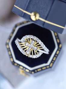 時尚兩色 S925 純銀戒指,鑲嵌水鑽,十字形女士訂婚/結婚戒指 - 白色 - 查看 1