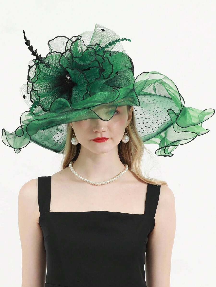 HIMESPORT 欧根纱迷人帽子 婚礼新娘茶会鸡尾酒会女士药盒帽 女士肯塔基德比帽 大号宽边软呢帽 带花朵