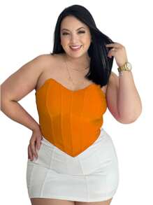 kit c/2 Corselet Plus Size, corselete com alças, corselete básico, moda casual, moda gringa, moda boho, moda sexy, look romântico, corselete, espartilho, corselete de zíper nas costas - Laranja Queimado - Visão 2