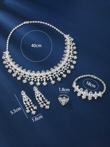 4 cái/bộ Tông màu bạc Đúng mốt Khối Zirconia  Sang trọng Lễ cưới Buổi tiệc Đồ trang sức , Bao gồm Dây chuyền , Hoa tai , Vòng tay , Và Nhẫn , Hoàn hảo Đối với Quý cô Yến tiệc Và Lễ cưới Mặc - Bạc - Xem 2
