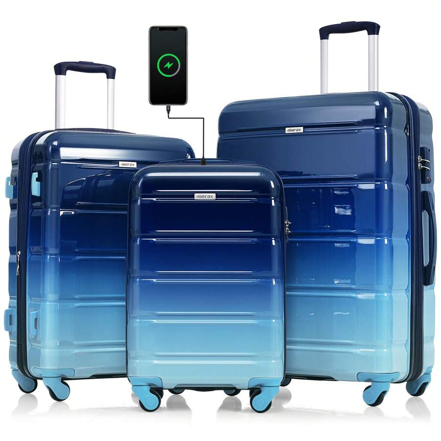 MERAX Luggage Set Of 3, 20-Inch With USB Port, Airline Certified Carry-On Luggage , ABS+PC Hard Shell Luggage With Spinner Wheels, Gradient Blue - Gradient Blue - View 1