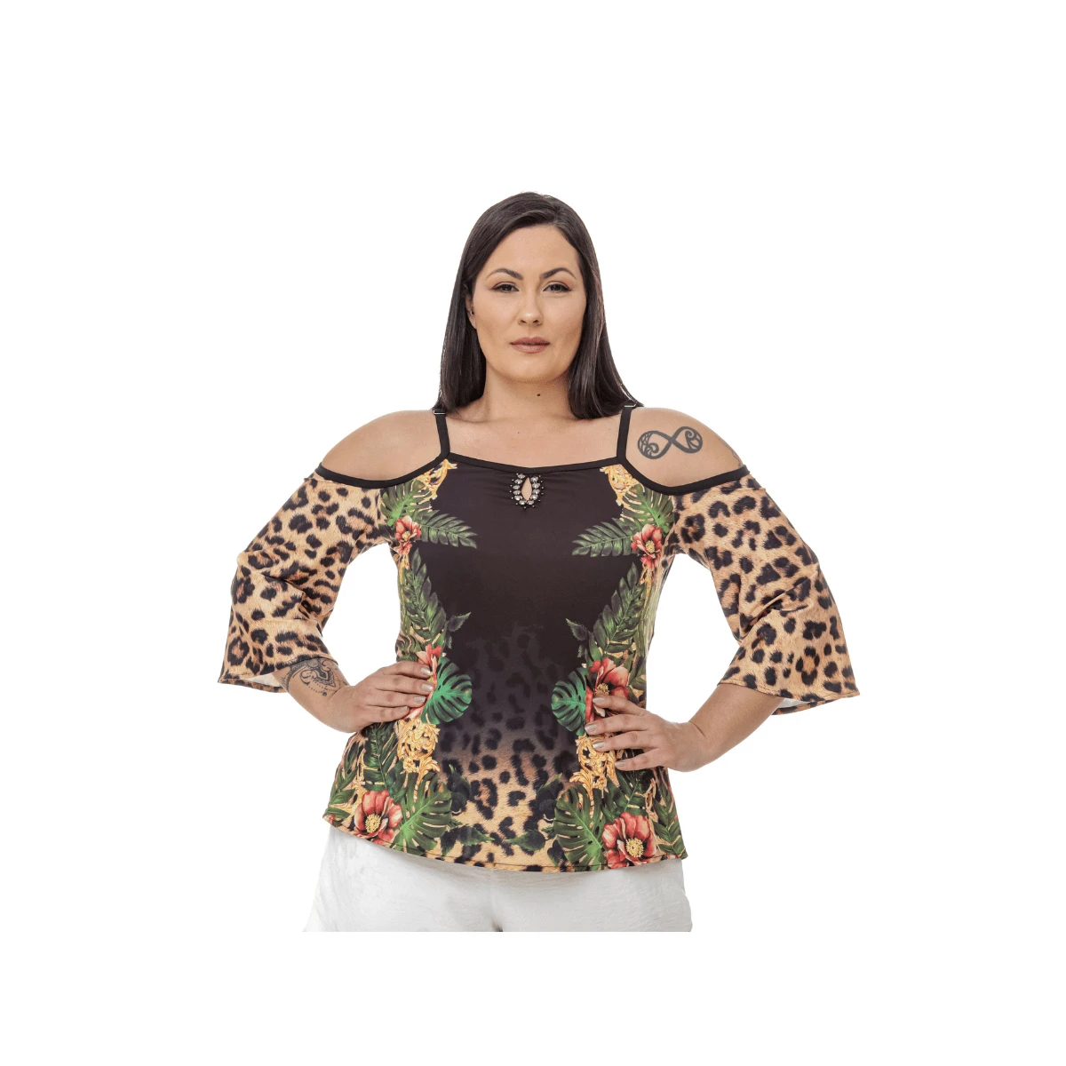 Blusa Feminina Plus Size Elegante Festa Bordada Casual Verão Blusinha Ciganinha Ombros Abertos Malha Premium