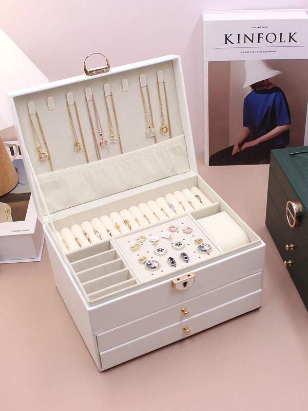 1pc Multifunctional Tri-Layer Rhombic Pattern Pu Jewelry Box With Large Capacity For Women's Jewelry Storage At Home