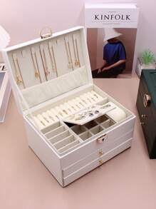 1pc Multifunctional Tri-Layer Rhombic Pattern Pu Jewelry Box With Large Capacity For Women's Jewelry Storage At Home