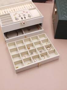 1pc Multifunctional Tri-Layer Rhombic Pattern Pu Jewelry Box With Large Capacity For Women's Jewelry Storage At Home