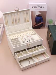 1pc Multifunctional Tri-Layer Rhombic Pattern Pu Jewelry Box With Large Capacity For Women's Jewelry Storage At Home