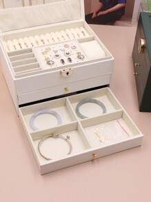 1pc Multifunctional Tri-Layer Rhombic Pattern Pu Jewelry Box With Large Capacity For Women's Jewelry Storage At Home
