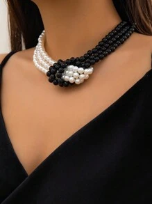 1pc Simple And Stylish Faux Pearl Bead Clavicle Necklace, Elegant And Charming Jewelry For Women - Black and White - View 2