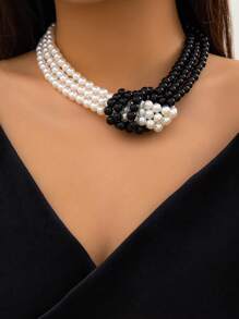 1pc Simple And Stylish Faux Pearl Bead Clavicle Necklace, Elegant And Charming Jewelry For Women - Black and White - View 1