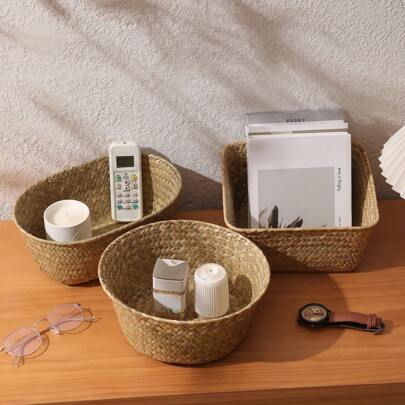 1pc Natural Seagrass Hand-Woven Four-Season Storage Basket For Picnic, Festive Gathering, Garden, Outdoor, Patio, Living Room, Kitchen, Bedroom, Closet, Bathroom, Cosmetic Organizer.