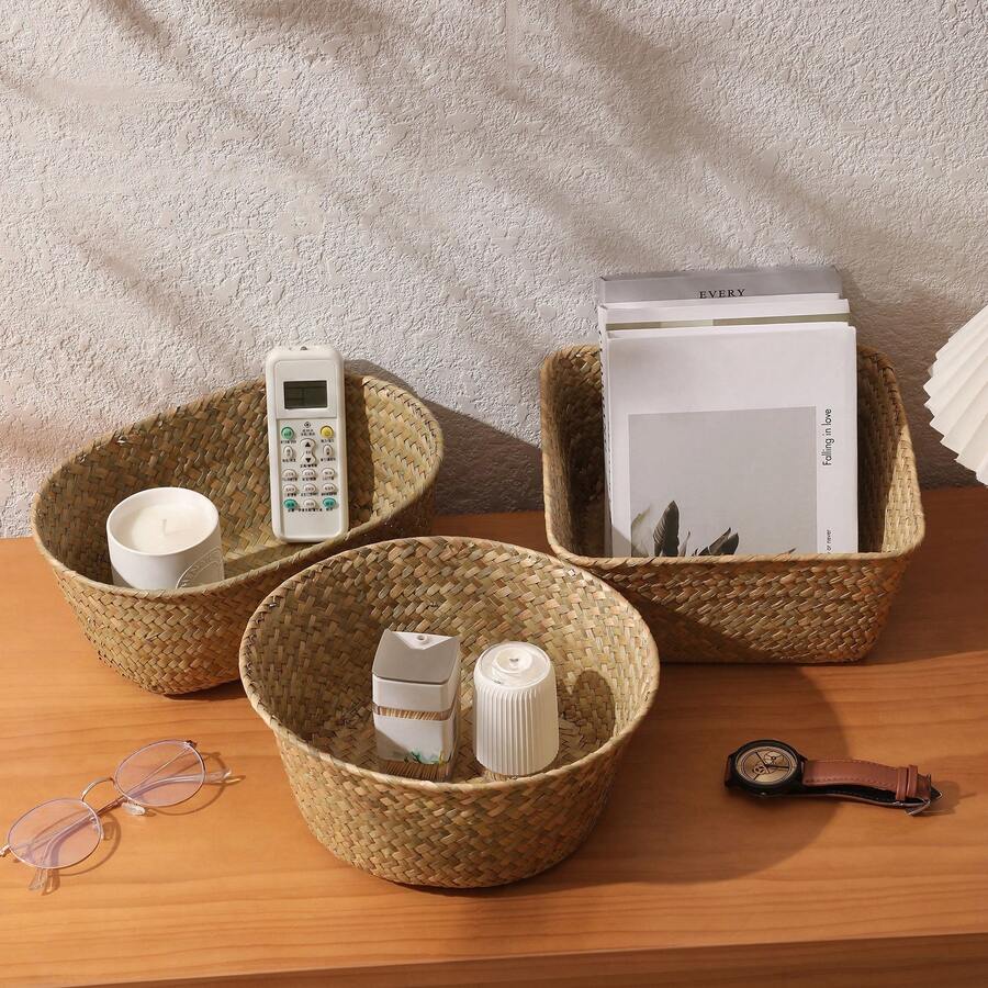 1pc Natural Seagrass Hand-Woven Four-Season Storage Basket For Picnic, Festive Gathering, Garden, Outdoor, Patio, Living Room, Kitchen, Bedroom, Closet, Bathroom, Cosmetic Organizer. - Primary Color - View 1