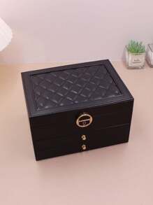 1pc Multifunctional Tri-Layer Rhombic Pattern Pu Jewelry Box With Large Capacity For Women's Jewelry Storage At Home