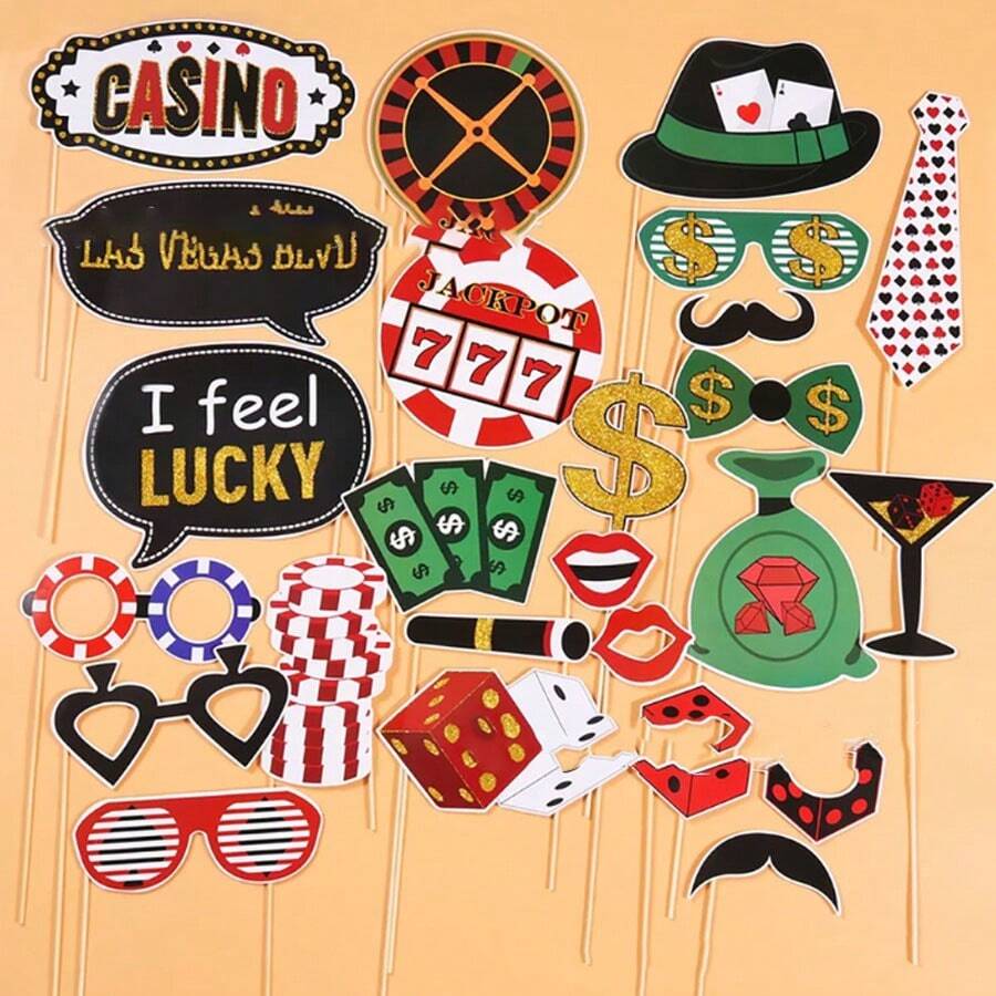 24pcs Las Vegas Poker Night Party Photo Booth Props Set With Cardstock Props - Multicolor - View 1