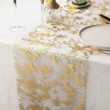 1pc Metallic Hollowed-Out Fish Net Table Runner, Luxuriously Polyester Gold Foil Table Runner For Weddings, Festivals, Parties, Family Gathering - Gold - View 1