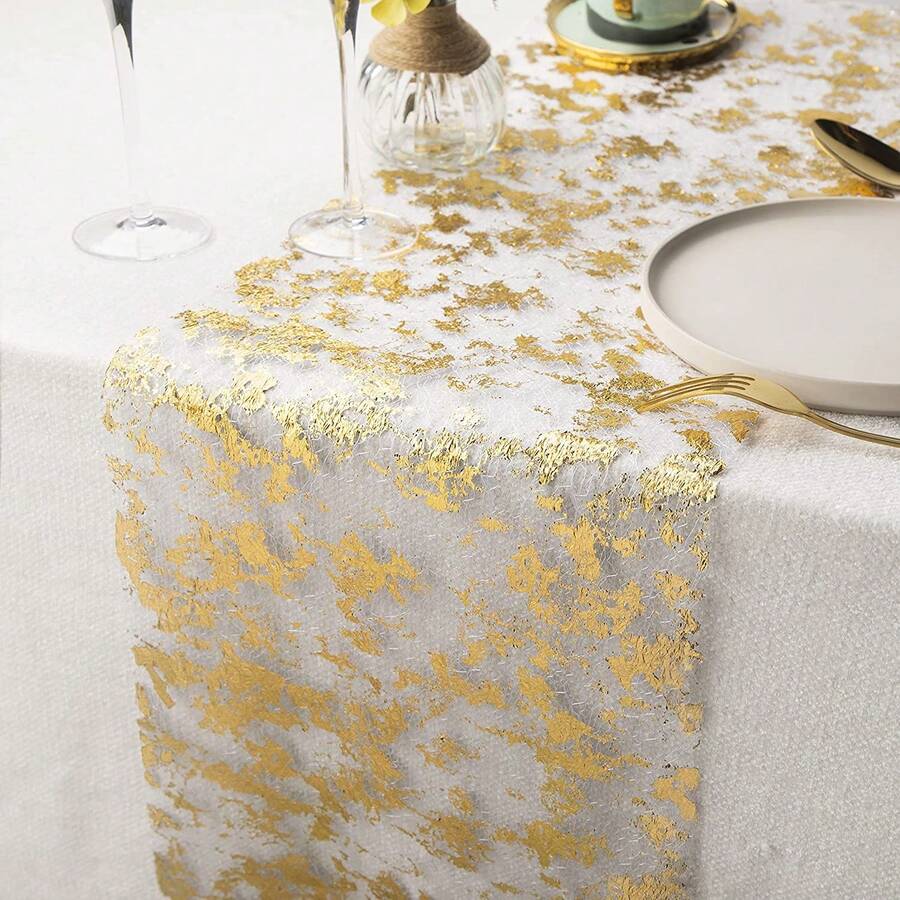 1pc Metallic Hollowed-Out Fish Net Table Runner, Luxuriously Polyester Gold Foil Table Runner For Weddings, Festivals, Parties, Family Gathering - Gold - View 1
