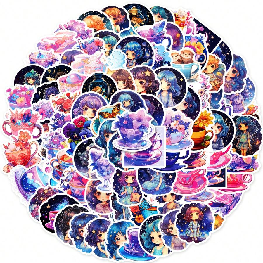 100pcs Aesthetics Stickers Pack, Cute Starry Night Girl Fantasy Cup