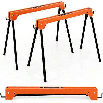 2 Pack Folding Sawhorses, Portable Scaffolding Trestles With Comfortable Handle And Removable 2 X 4 Support Arms, 600 Kg Weight Capacity Per Sawhorse, No Assembly Required (Orange)