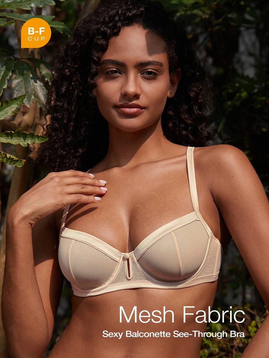 Lace Underwire Balconette Bra Sheer Unlined Demi Non Padded Bra See Through - Champagne - View 1