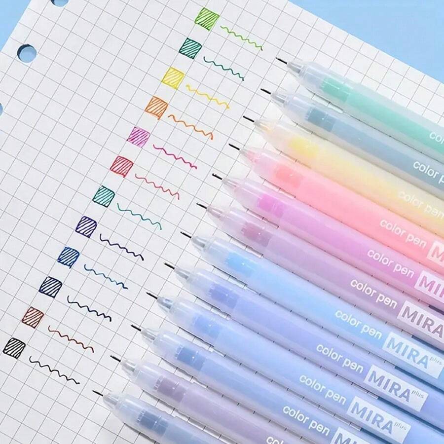 12入組彩色可愛膠筆套裝,藍色0.5mm圓珠筆適用於日記,可愛的學校用品,韓國文具 - 彩色 - 查看 1