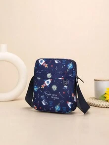 Bolso De Hombro Impreso Mini Cohete Espacial De Dibujos Animados Para Niños, Posición Aleatoria De Patrones - Azul - Ver 3