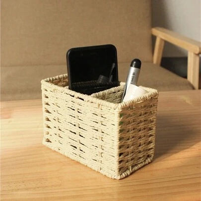 1pc Desktop Storage Box Organizer Rack, Living Room Remote Control Holder, Handmade Woven Pen Holder, Snack & Key Storage Basket, Suitable For Stationery, Cosmetics, Coffee Table & Furniture Decor, Bohemian Style Reusable Storage Basket, Ideal Gift Basket